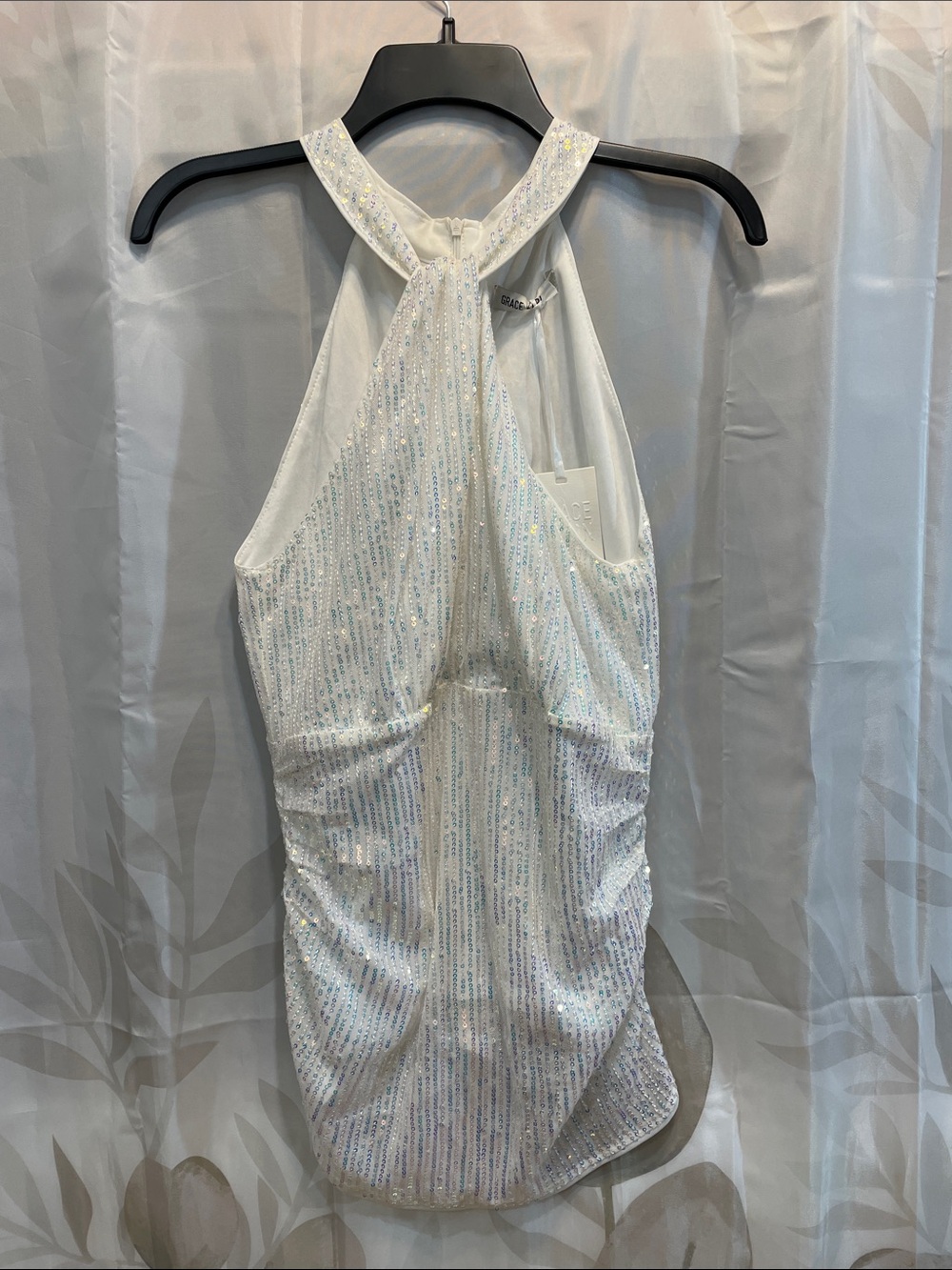 Grace Karin White Iridescent Sequin Halter Top